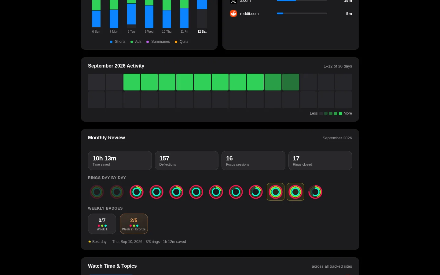 FocusTube analytics — heatmap, timeline and topics