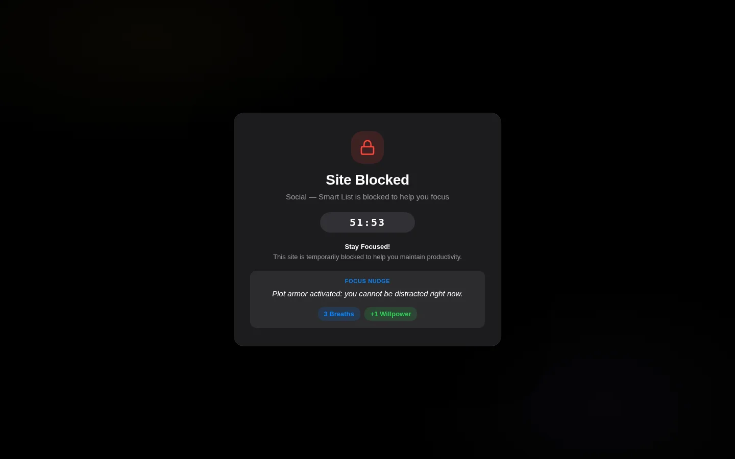 A site blocked by FocusTube with a calm focus nudge